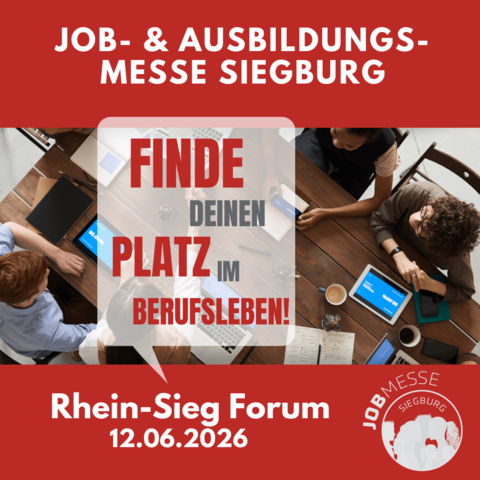Teaser Job- und ausbildungsmesse mit roter Schrift "Finde deinen Platz im Berufsleben". Im Hintergrund sitzen Menschen am Tisch