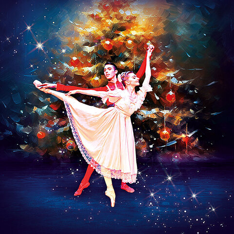 Werbemotiv für das Ballett „Der Nussknacker“: Zwei Tänzer in eleganten Kostümen führen eine klassische Ballettpose vor einem festlich geschmückten Weihnachtsbaum aus. Auf dem Bild stehen die Titel „Der Nussknacker“, „P. I. Tschaikowsky“ sowie „Classico Ballet Napoli Italy“.