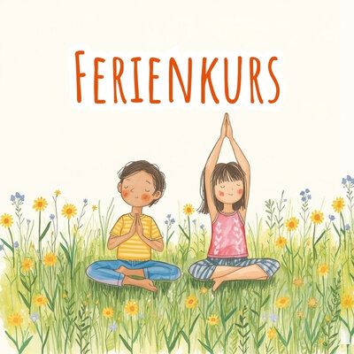 Aquarell - Zwei Kinder im Yogasitz auf einer Frühlingswiese